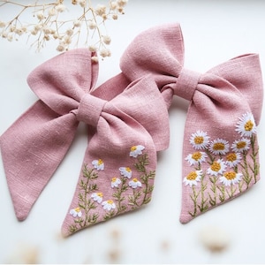 Daisy Linen Embroidery Hair Bow, Handmade Hair Bow with Flower Embroidery, Hair Accessories for Girls & Women, Floral Fabric Bow