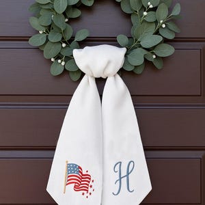 Personalized Flag Hand Embroidered Patriotic Wreath Sash, Handmade Linen Wreath Bow, 4th of July/Memorial Day Door Decor, Housewarming Gift