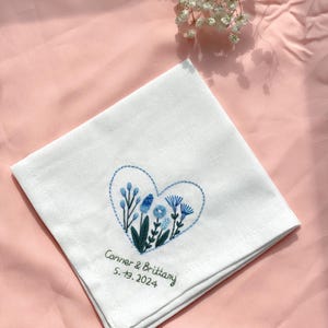 Personalized Embroidered Linen Handkerchief, Something Blue for Bride, Wildflower Wedding Hand Embroidered Handkerchief, Custom Wedding Gift