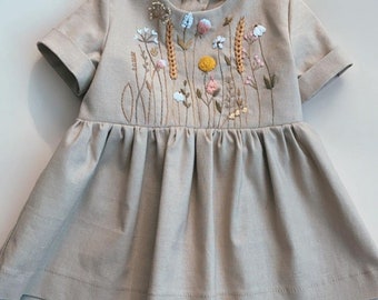 Handmade Garden Embroidered Dress, Soft Linen Dress for Girls, Toddler Linen Dress, First Birthday Outfit, Kids Clothing, Dress for Girls