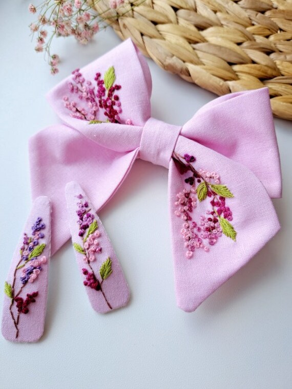 Charming Lilac Embroidery Hair Bow Clip, School Hair Bow Tie for 