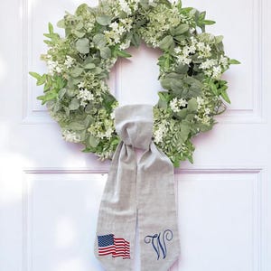 Personalized American Flag Hand Embroidered Patriotic Wreath Sash, Linen Wreath Bow, 4th of July/Memorial Day Door Decor, Housewarming Gift