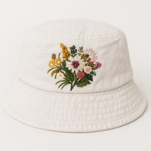 Vintage Flower Bouquet Hand Embroidered Denim Bucket Hat, Hand Embroidered Summer Hat,Floral Beach Hat, Sun Garden Hat,Handmade Gift For Mom