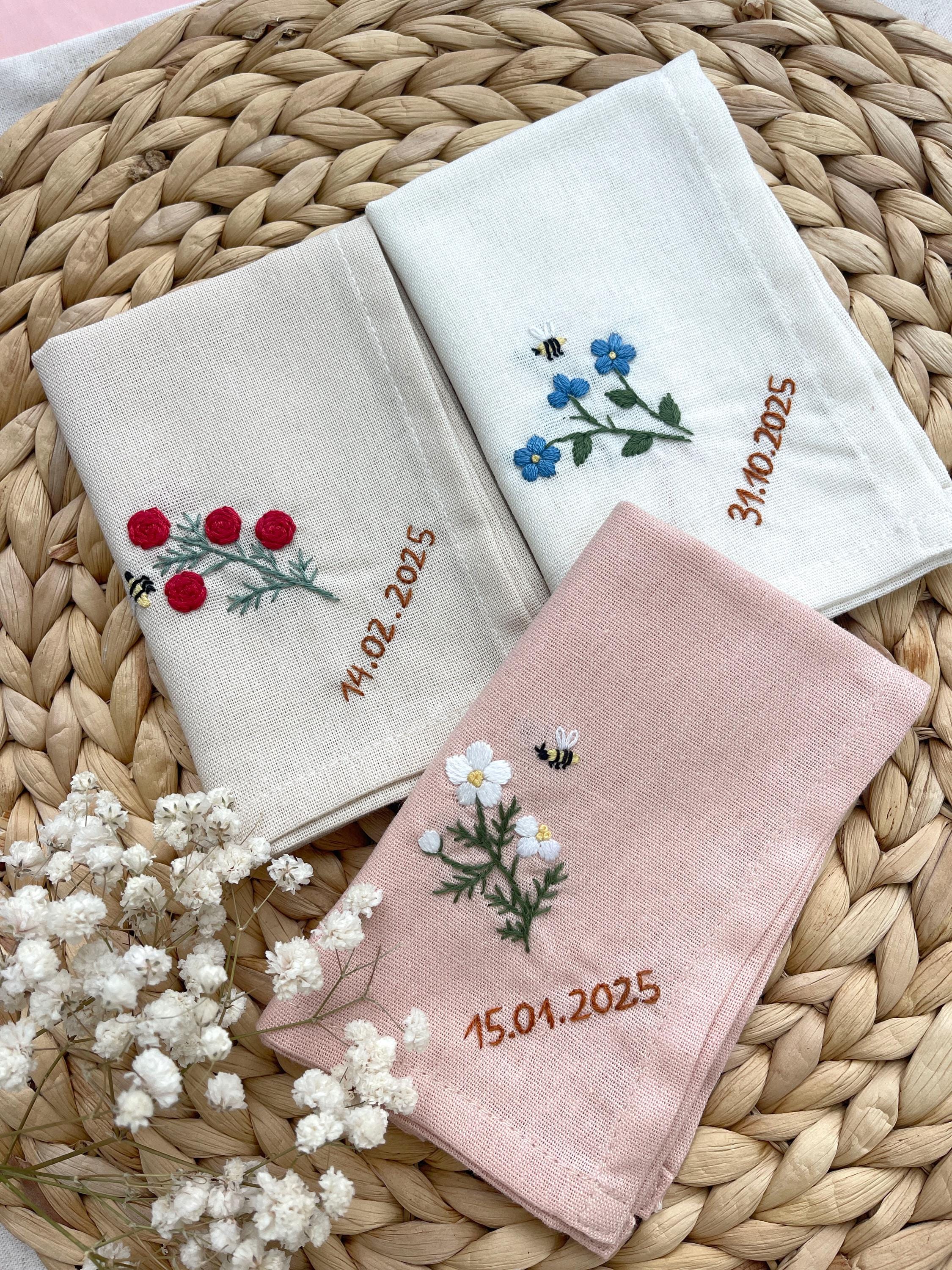 Custom Hand Embroidered Linen Handkerchief With Flowers & Bees