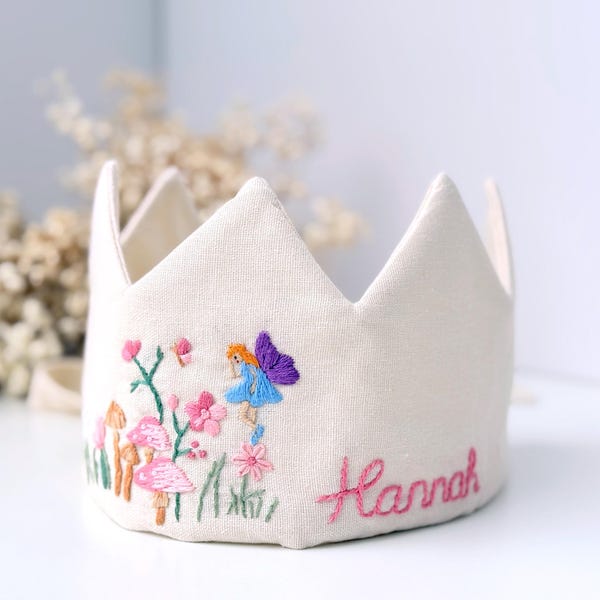 Personalized Fairy Birthday Party Crown, Custom Hand Embroidered Linen Crown for Birthdays, Handmade Birthday Crown, Fairy First Birthday