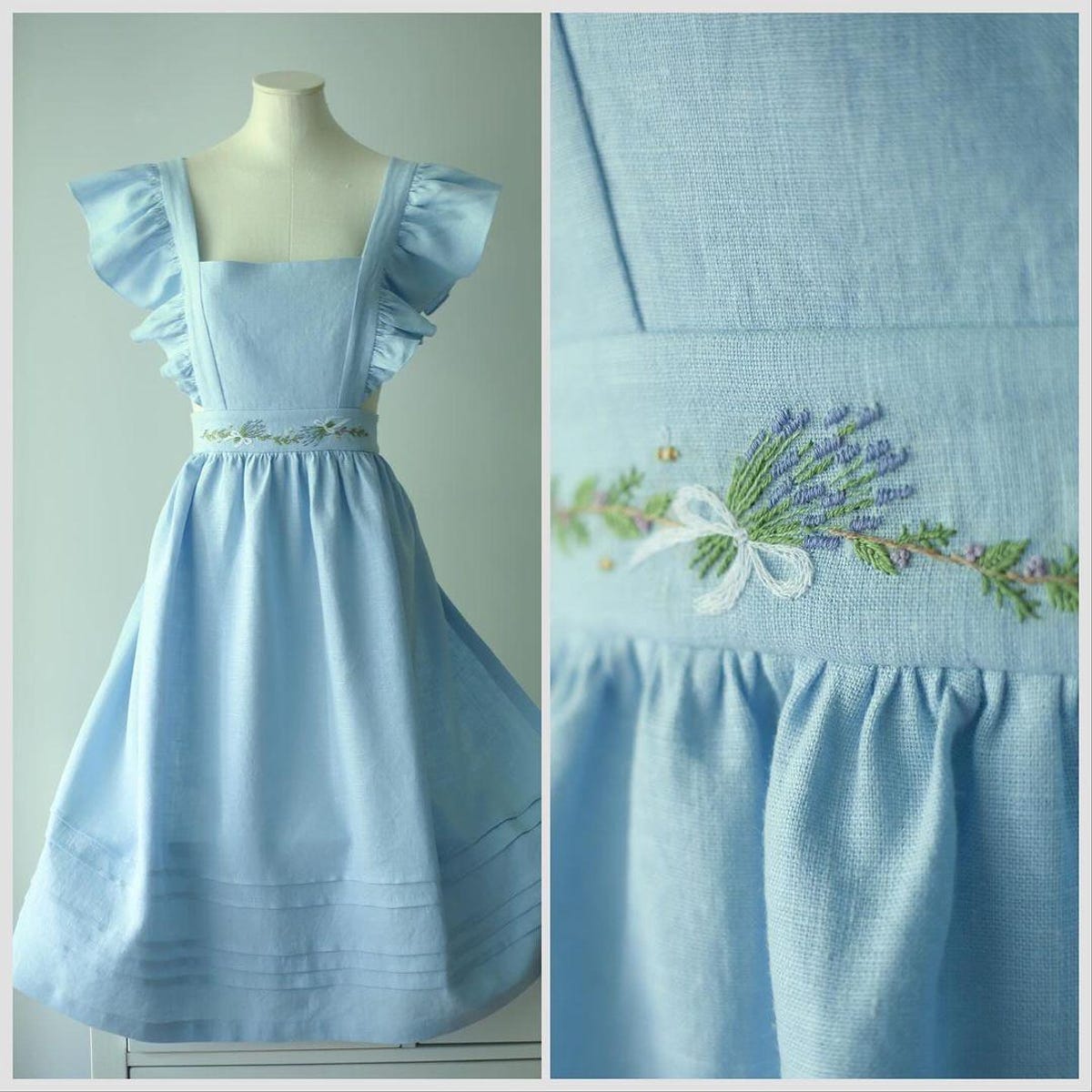 Lavender Flower Embroidery Apron for Her, Hand Embroidered Apron, Natural Embroidery Linen Apron, Apron Dress for Women