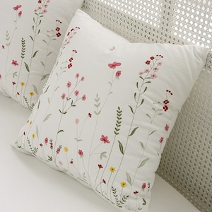 Garden Flower Embroidery Cushion Pillow Cover, Handmade Cushion Cover, Floral Linen Pillow Cover, Living Room Decor, Handmade Gift