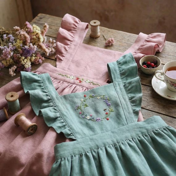 Vintage Strawberries Embroidery Aprons, Personalized Hand Embroidered Apron,  Natural Embroidery Linen Apron, Ruffle Apron Dress for Women - Etsy