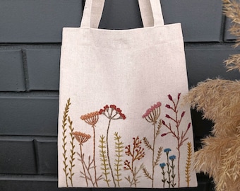 Shopper Linen with Hand Embroidery Botanika, Hand Embroidered Linen Bag, Embroidery Market Bag, Handmade Tote Bag, Bag for Women