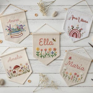 Custom Name Embroidery Wall Hanging Banner, Hand Embroidered Linen Flag, Newborn/Kids Room Decor, Book, Wildflower, Floral, Wild, Bee Design