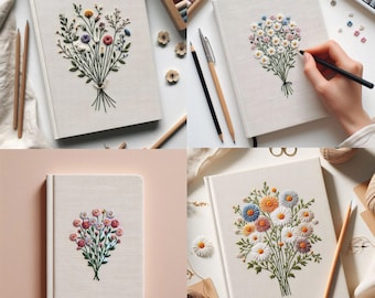 Caderno personalizado feito à mão com flores silvestres, caderno vintage bordado à mão, caderno com capa de tecido, caderno A5 personalizado, caderno secreto