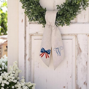 Personalized Patriotic Coquette Bow Hand Embroidered Wreath Sash, Linen Wreath Bow, 4th of July/Memorial Day Door Decor, Housewarming Gift