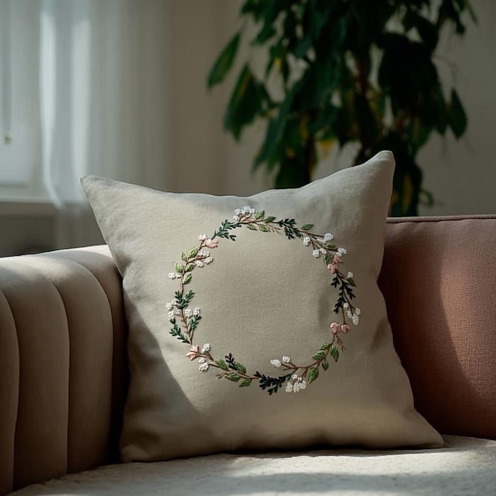 手刺繍の花柄リネン枕カバー、ハンドメイドクッションカバー、花柄