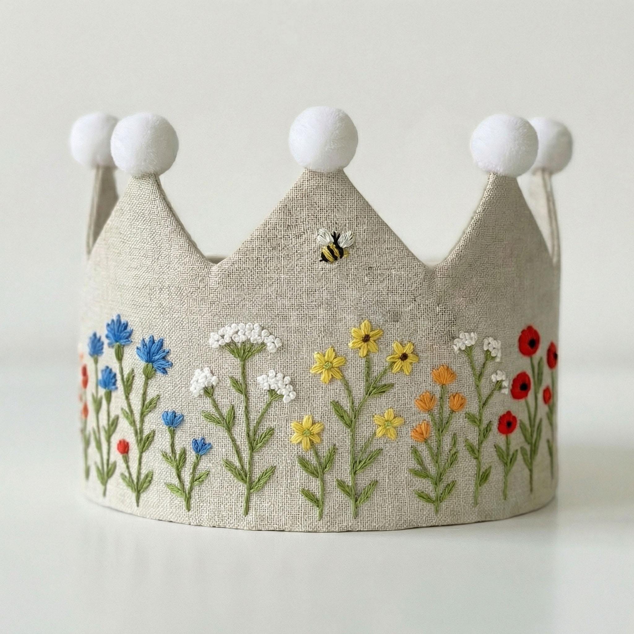 Custom Name Bee in Wildflower Garden Hand Embroidered Party Crown