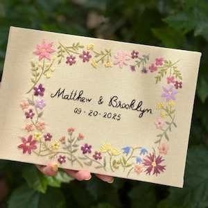 Custom Hand Embroidered Linen Wedding Guest Book, Personalized Floral Landscape Notebook, Embroidered Flower Memory Book,Hardbound Scrapbook