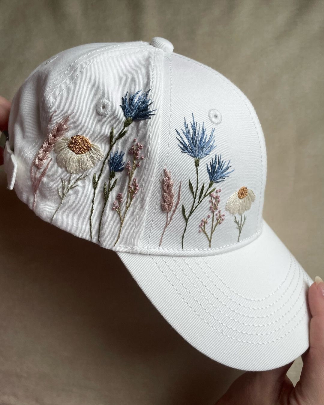 Wildflowers Embroidery Baseball Hat, Flower Embroidery Denim 