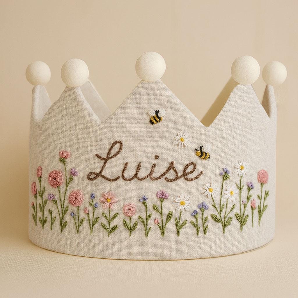 Custom Name Bee in Wildflower Garden Hand Embroidered Birthday Party Crown, Linen Crown for Birthday, Personalized Handmade Birthday Crown