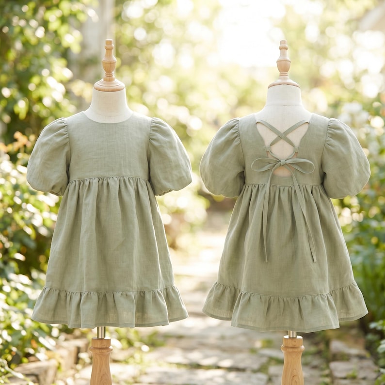 Tie-Back Linen Dress for Girls, Soft Toddler Outfit, Perfect First Birthday Attire, Children's Linen Dress, Dresses for Flower Girls image 6