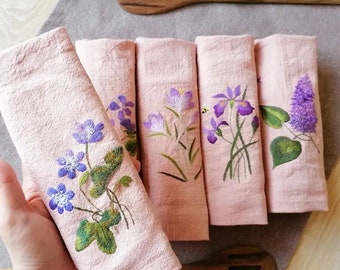 Floral Embroidered Linen Napkins, Hand Embroidered Decor, Pure Linen Napkin Set, Housewarming Gift, Linen Napkins for Special Occasions