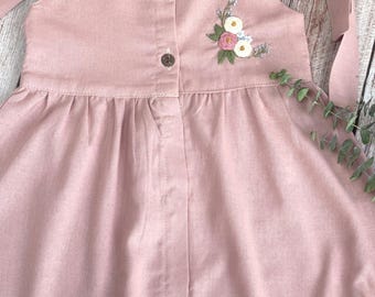 Dress with Roses Hand Embroidery, Girls Soft Linen Dress, Toddler Linen Dress, First Birthday Girl Dress, Kids Clothing, Dress for Girls