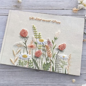 Cuaderno floral personalizado hecho a mano, libro de recuerdos bordado a mano, libro de visitas de boda de lino con flores, cuaderno con paisajes, álbum de recortes de tapa dura