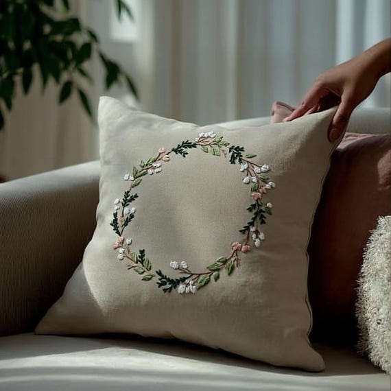 手刺繍の花柄リネン枕カバー、ハンドメイドクッションカバー、花柄