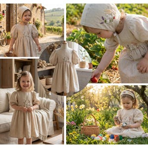 May include: A beige linen dress with puff sleeves and floral embroidery on the bodice. The dress features a round neckline and a gathered skirt. A matching bonnet with floral embroidery and a headband with floral details are also shown.