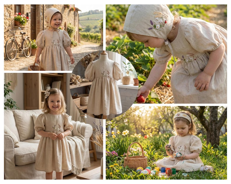 May include: A beige linen dress with puff sleeves and floral embroidery on the bodice. The dress features a round neckline and a gathered skirt. A matching bonnet with floral embroidery and a headband with floral details are also shown.