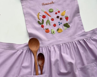 手刺繍のフルーツシェフエプロン、キッチンクッキングエプロン、イチゴ