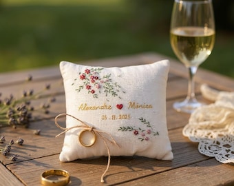 Flowers Hand Embroidered Linen Ring Bearer Pillow, Personalized Handmade Wedding Cushion, Boho Linen Wedding Ring Pillow, Custom Ring Holder