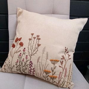Interior Pillow with Hand Embroidery Botanica, Handmade Cushion Cover, Floral Linen Pillow Cover, Living Room Decor, Handmade Gift