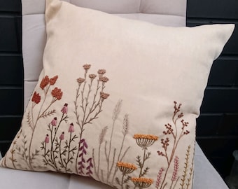 Interior Pillow with Hand Embroidery Botanica, Handmade Cushion Cover, Floral Linen Pillow Cover, Living Room Decor, Handmade Gift