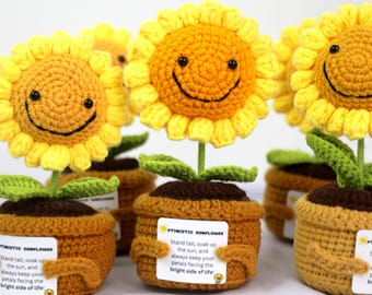 Girasole ottimista fatto a mano, vaso di fiori all'uncinetto, pianta di supporto emotivo, regalo lavorato a maglia fatto a mano, decorazione positiva per auto/tavolo, etichette personalizzate