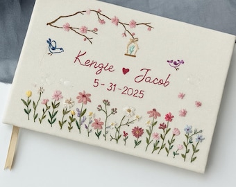 Custom Name &Date Love Birds Hand Embroidered Wedding Guest Book, Personalized Linen Notebook,Landscape Memory Book,Wedding Guest Book Ideas