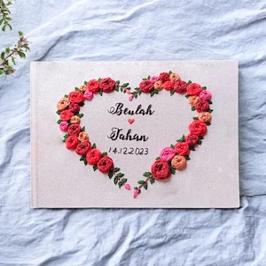 Custom Name Embroidered Linen Memory Book, Personalized Hand Embroidered Roses Landscape Notebook, Wedding Guest Book, Hardbound Scrapbook