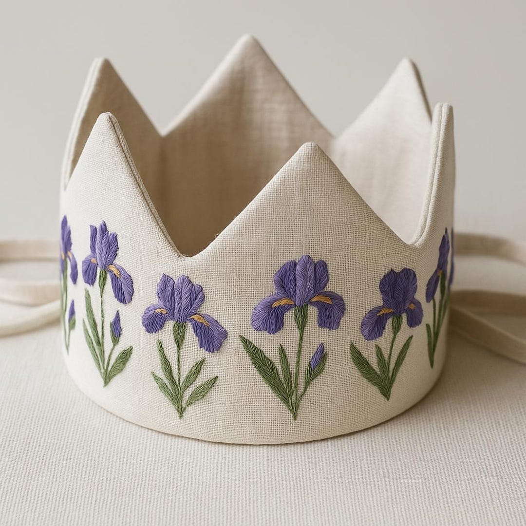 Custom Iris Birthday Party Crown, Personalized Floral Hand