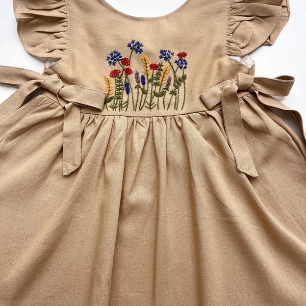 Hand Embroidered Wildflowers Dress, Girls Soft Linen Dress, Toddler Linen Dress, First Birthday Girl Dress, Dress for Girls, Handmade Dress