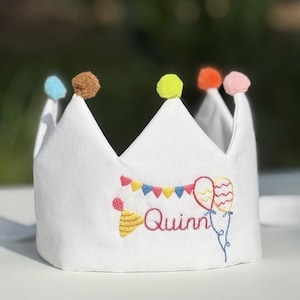 Custom Name Birthday Party Crown, Personalized Hand Embroidered Linen Crown for Birthdays, 1st Birthday Keepsake Gift, Handmade Fabric Crown