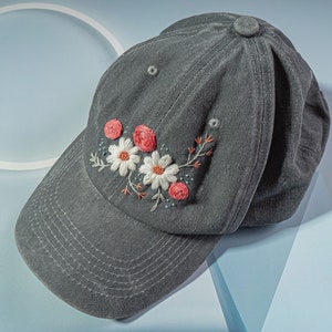 Daisy And Pink Rose Hand Embroidered Baseball Hat for Women, Embroidered Denim Cap, Vintage Hat For Woman, Embroidered Baseball Cap