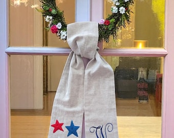 Personalized America Star Hand Embroidered Patriotic Wreath Sash, Linen Wreath Bow, 4th of July/Memorial Day Door Decor, Housewarming Gift