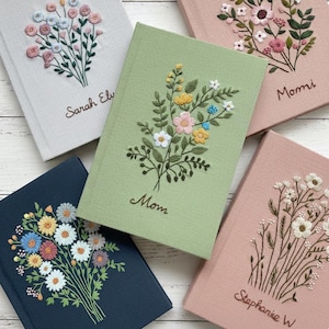 Personalized Floral Handmade Notebook, Vintage Hand Embroidered Fabric Cover Book, Custom A5 Secret, Recipes