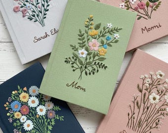 Personalized Floral Handmade Notebook, Vintage Hand Embroidered Fabric Cover Book, Custom A5 Secret, Recipes, Gift for Mom