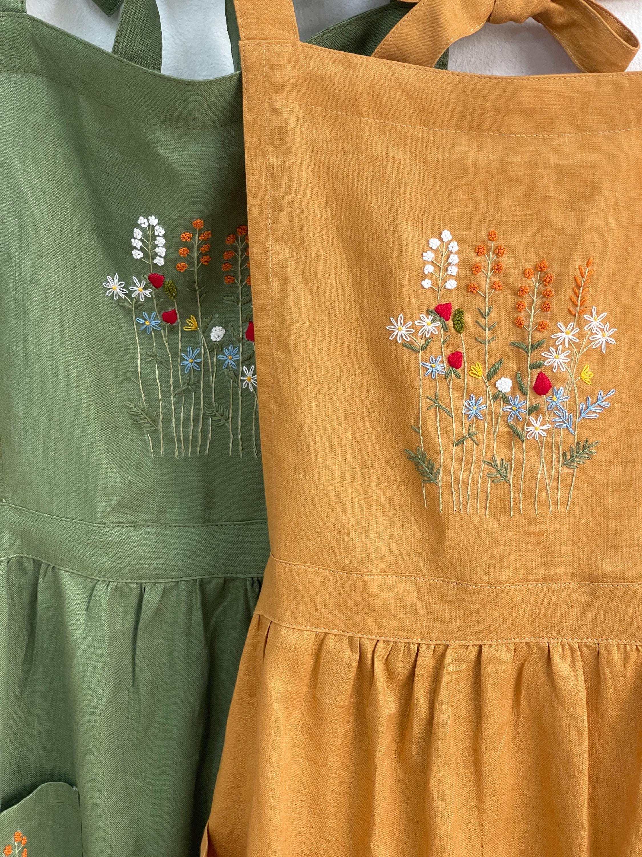 天然刺繍の花柄100%ピュアエプロン、パーソナライズされた手刺繍の