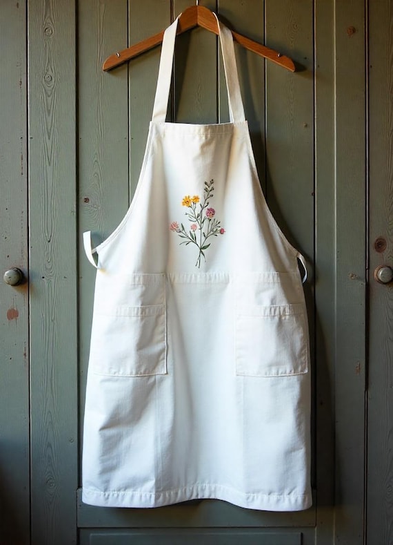 ナチュラルな刺繍の花柄エプロン、パーソナライズされた手刺繍エプロン