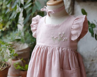 Linen Dress with Flower Hand Embroidered, Custom Soft Linen Dress, Toddler Linen Dress, Birthday Dress, Kids Clothing, Dress for Girls
