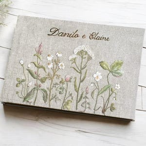 Wedding Guest Book with Wildflower, Personalized Hand Embroidered Linen Notebook, Custom Landscape Memory Book, Wedding Guest Book Ideas