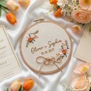 Personlig handbroderad linneringhållare med blommönster, vigselring med broderi, vigselringhållare, kudde för vigselringbärare