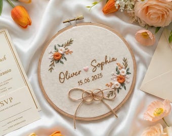 Porta anillos de lino bordado a mano con flores personalizado, aro de boda con bordado personalizado, soporte para anillos de boda, almohada para anillos de boda