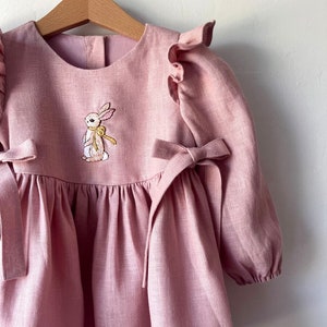 Girls Bunny Embroidered Bow Layered Cotton Casual Dress