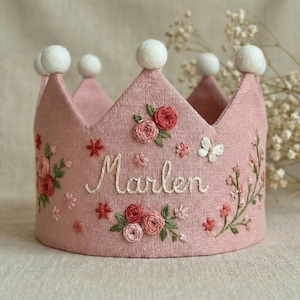 Custom Roses Hand Embroidered Birthday Party Crown, Personalized Floral Linen Crown for Birthday, Gifts for Birthday,Handmade Birthday Crown